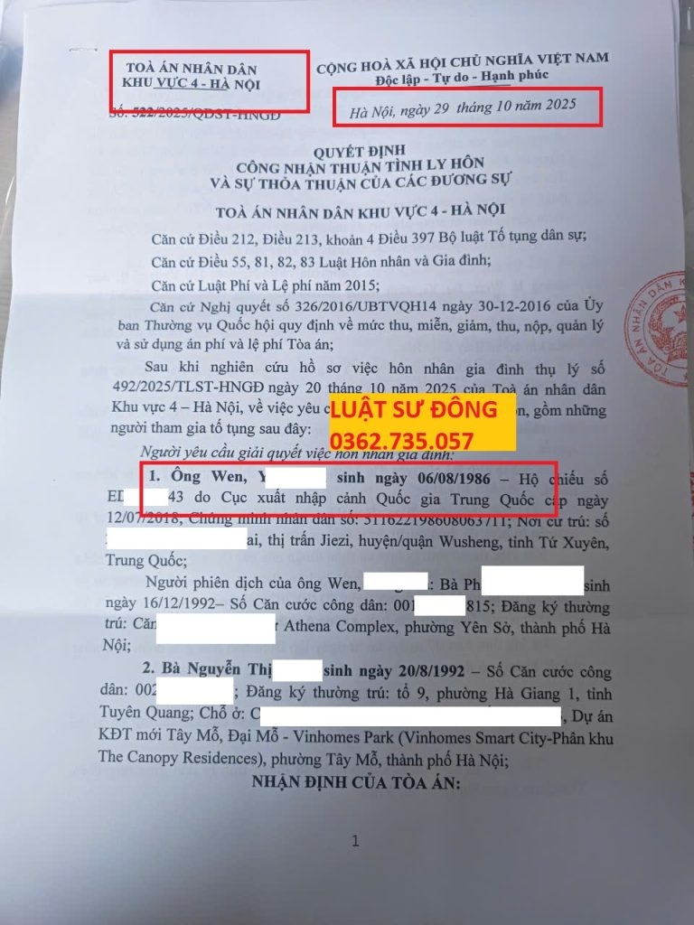 Luật sư Đông hỗ trợ khách hàng ly hôn với người Trung Quốc