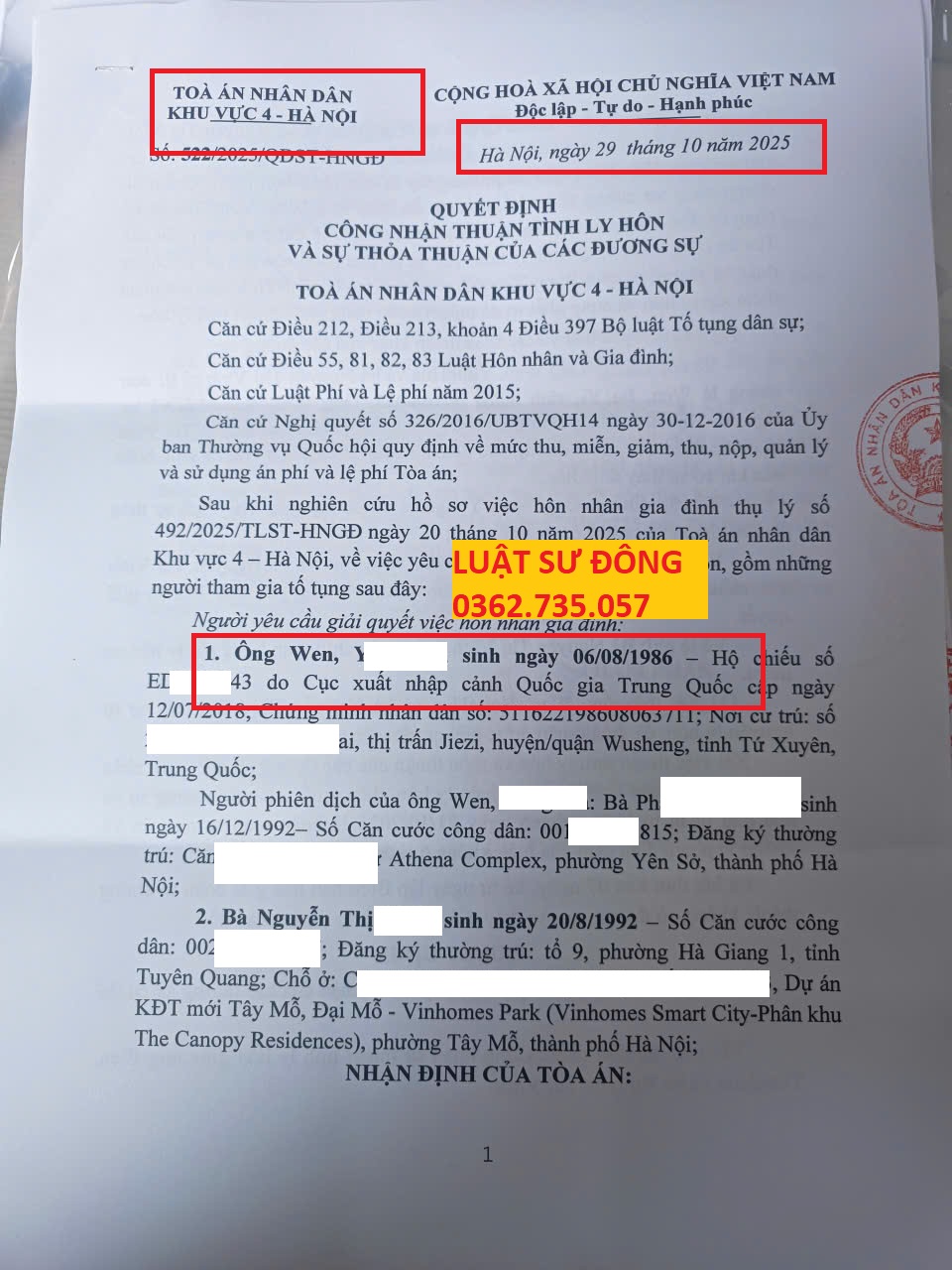 Luật sư Đông hỗ trợ khách hàng ly hôn với người Trung Quốc