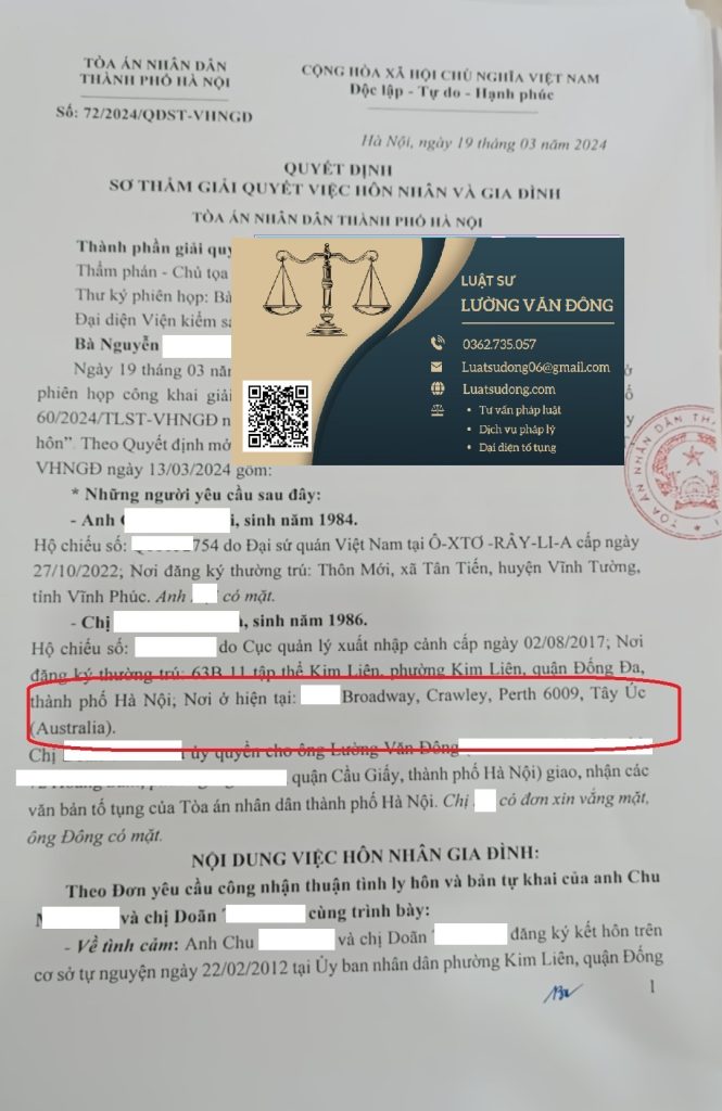 ly hôn 1 bên đang ở Úc