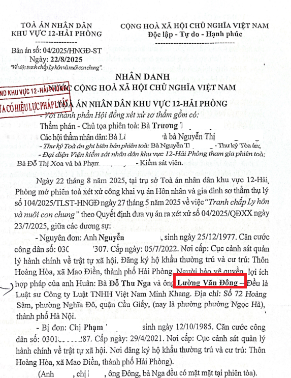 Bản án ly hôn kv 12 - Hải Phòng
