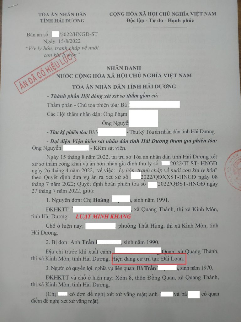 Ly hôn 1 bên đang ở Đài Loan tại Hải Dương