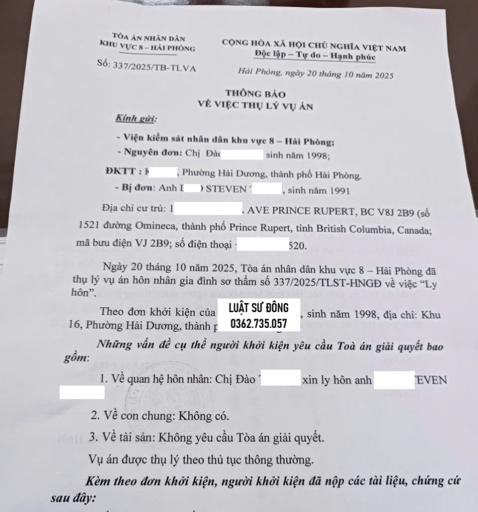 Thông báo thụ lý về việc Ly hôn với người Canada tại Hải Phòng