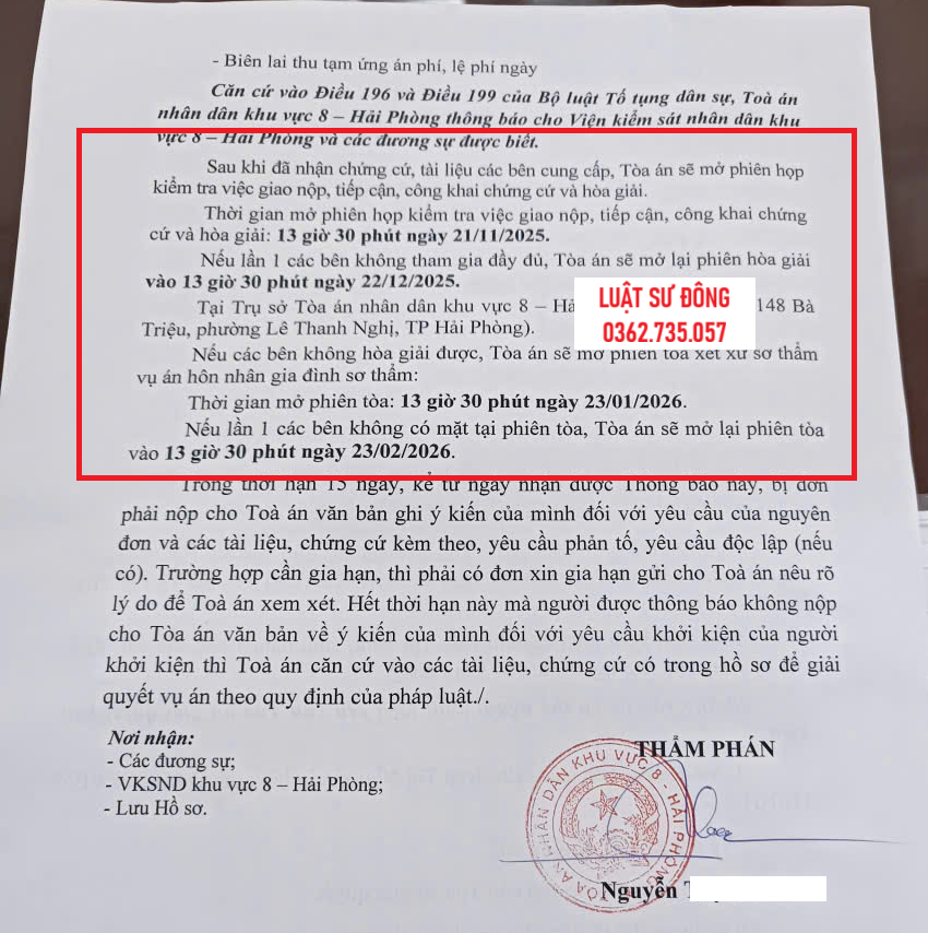 Thông báo thụ lý về việc Ly hôn với người Canada tại Hải Phòng