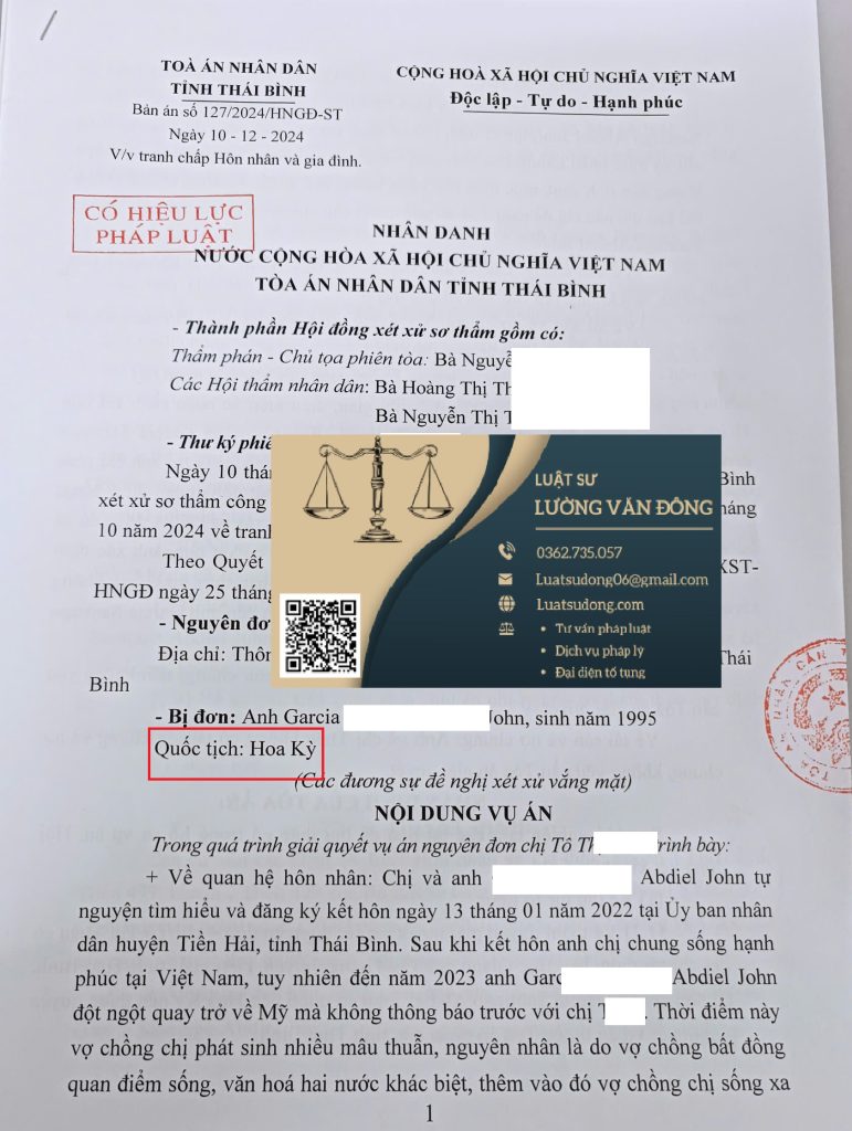 Ly hôn với người Mỹ - tại Thái Bình