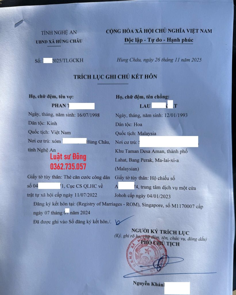 Ghi chú kết hôn với người Malaysia tại Nghệ An
