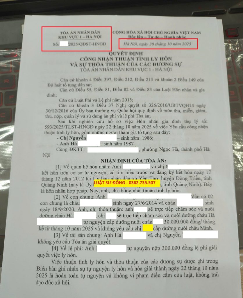 Quyết định ly hôn khu vực 1 - Hà Nội