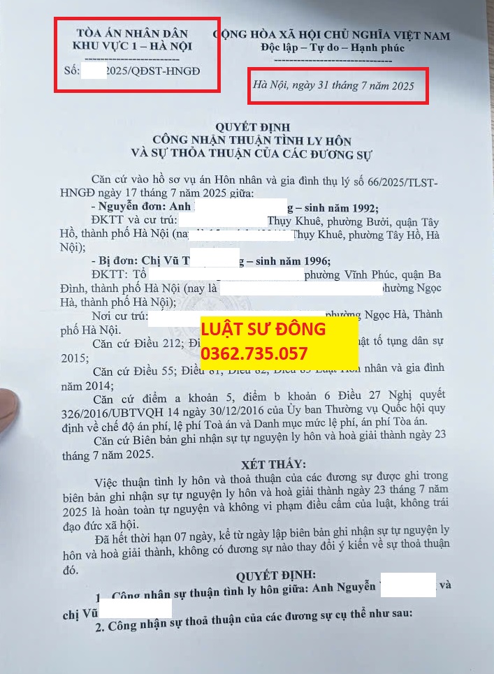 Quyết định ly hôn khu vực 1 - Hà Nội