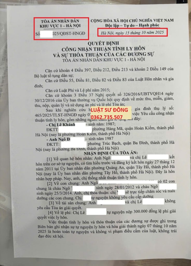 Quyết định ly hôn khu vực 1 - Hà Nội