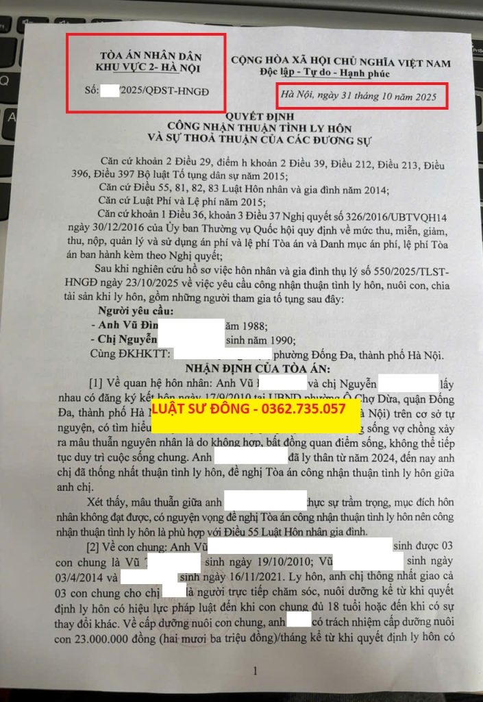 Quyết định ly hôn khu vực 2 - Hà Nội