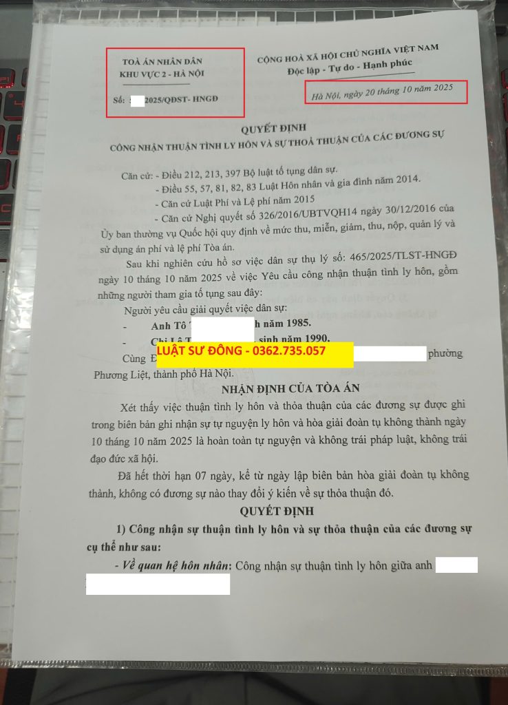 Quyết định ly hôn khu vực 2 - Hà Nội