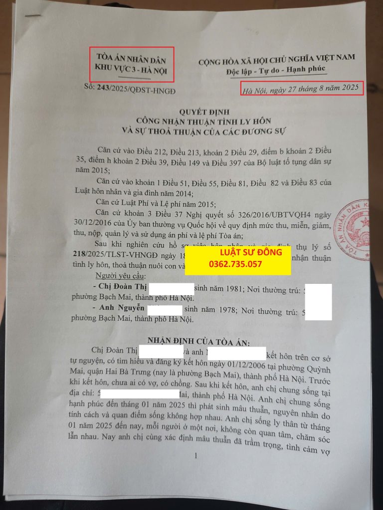 Quyết định ly hôn khu vực 3 - Hà Nội