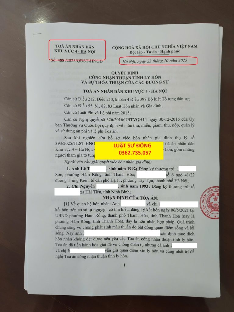 Quyết định ly hôn khu vực 4 - Hà Nội