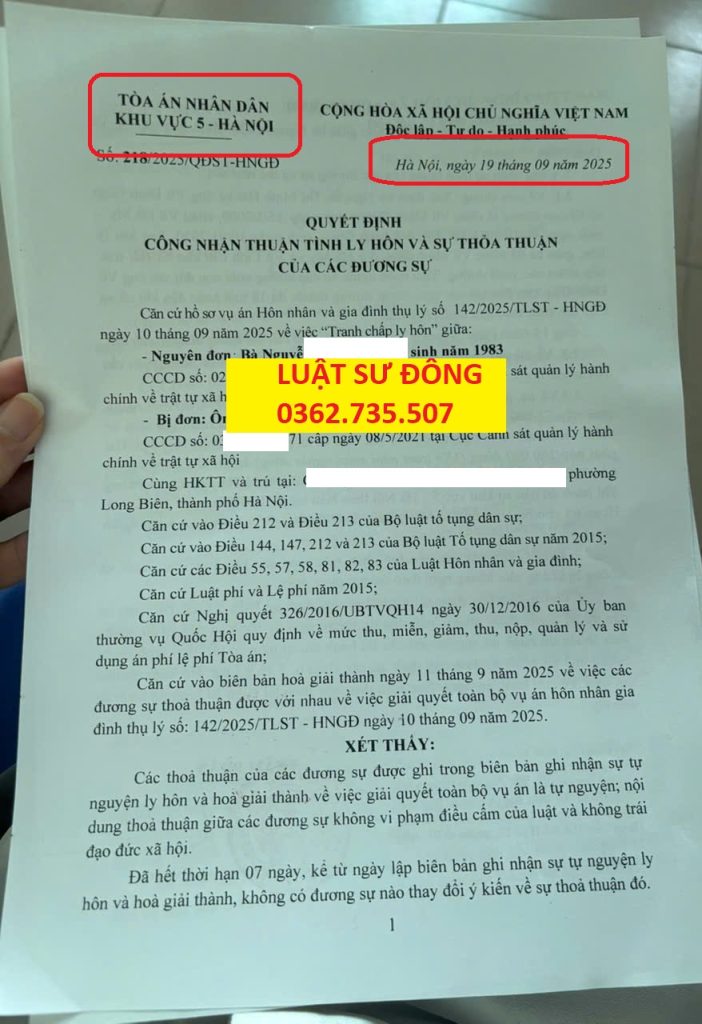 Quyết định ly hôn khu vực 5 - Hà Nội