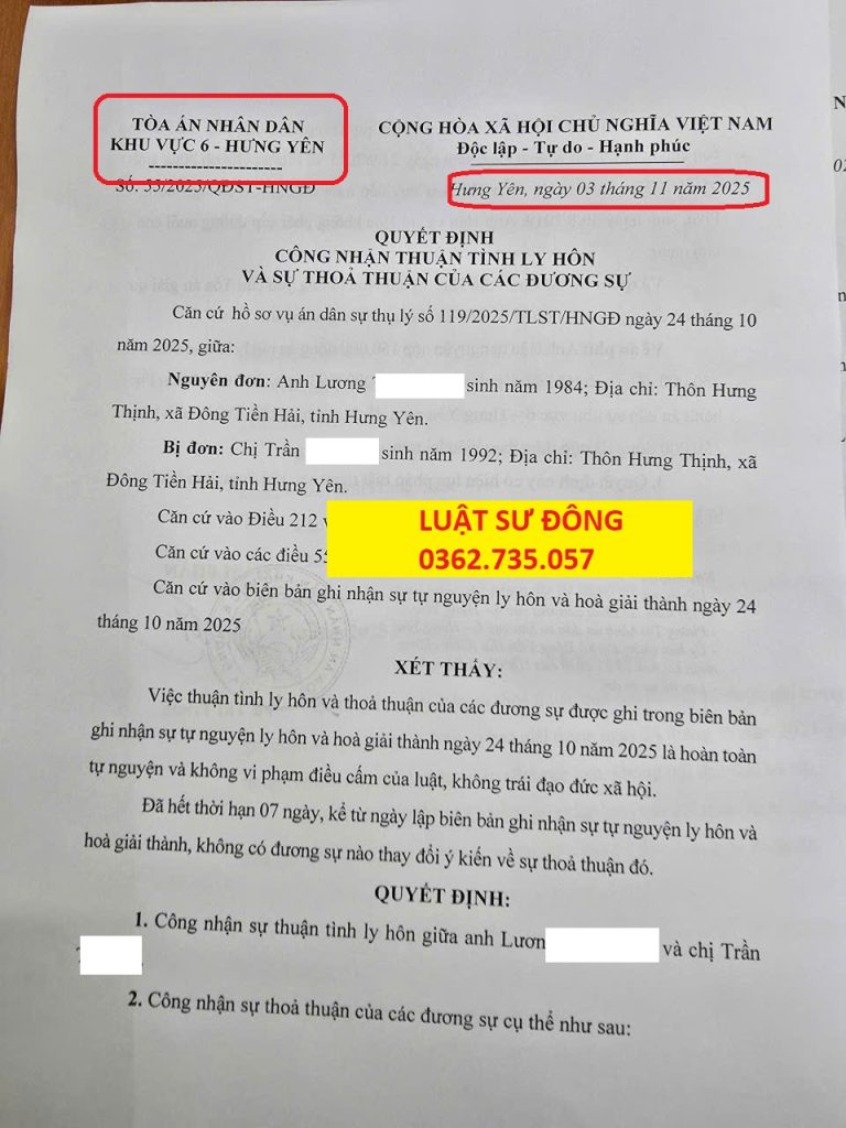 Quyết định ly hôn khu vực 6 Hưng Yên