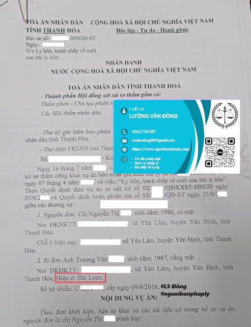 Ly hôn với chồng đang ở Đài Loan tại Thanh Hóa