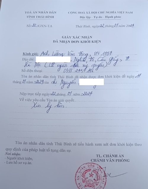 Giấy tiếp nhận hồ sơ của Tòa án cho Luật sư Giấy tiếp nhận hồ sơ của Tòa án cho Luật sư