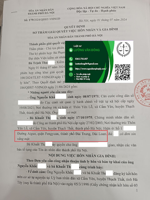 Ly hôn với người VN đang ở Đài Loan tại Hà Nội