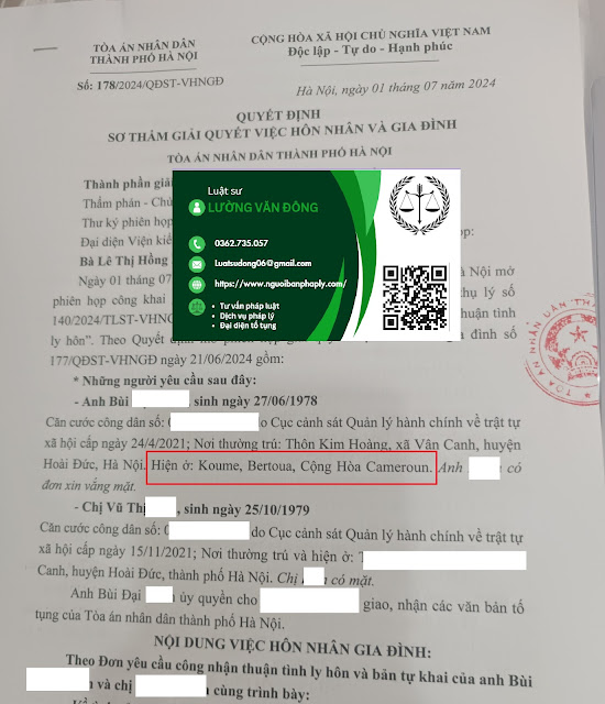Ly hôn với người VN đang ở Cameroon tại Hà Nội