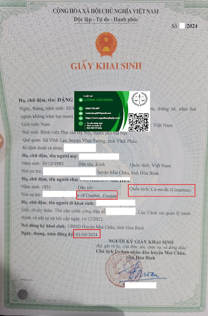 Đăng ký khai sinh cho con có bố là người Canada