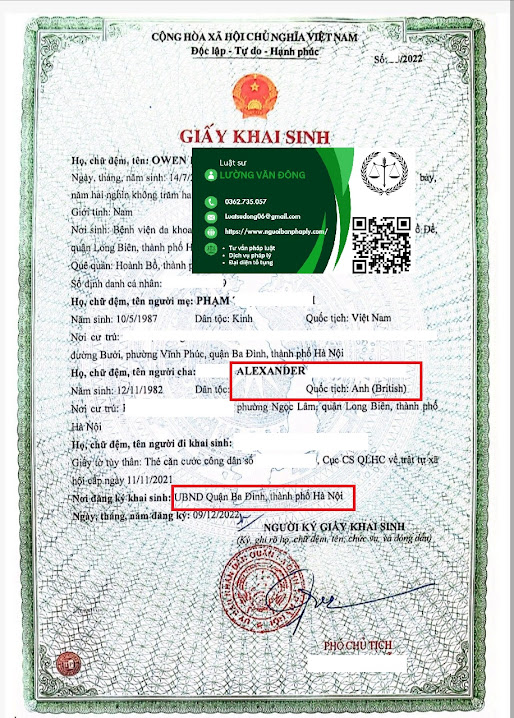 Đăng ký khai sinh cho con có bố là người Anh