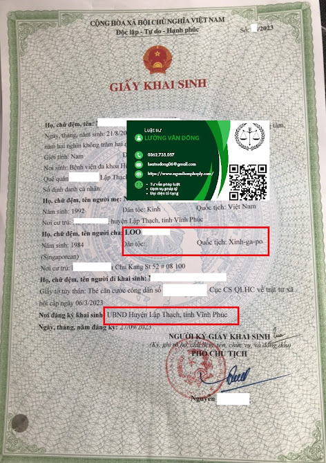 Đăng ký khai sinh cho con có bố là người Singapore Đăng ký khai sinh cho con có bố là người Singapore