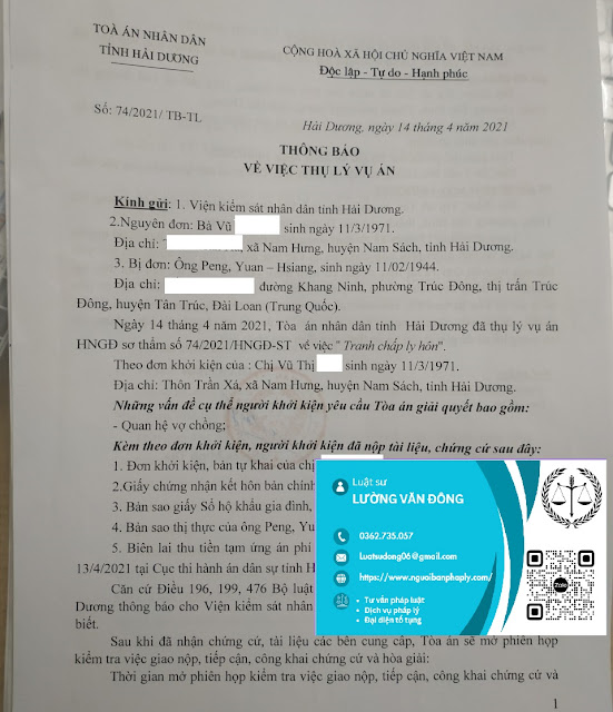Ly hôn với chồng là người Đài Loan tại Hải Dương