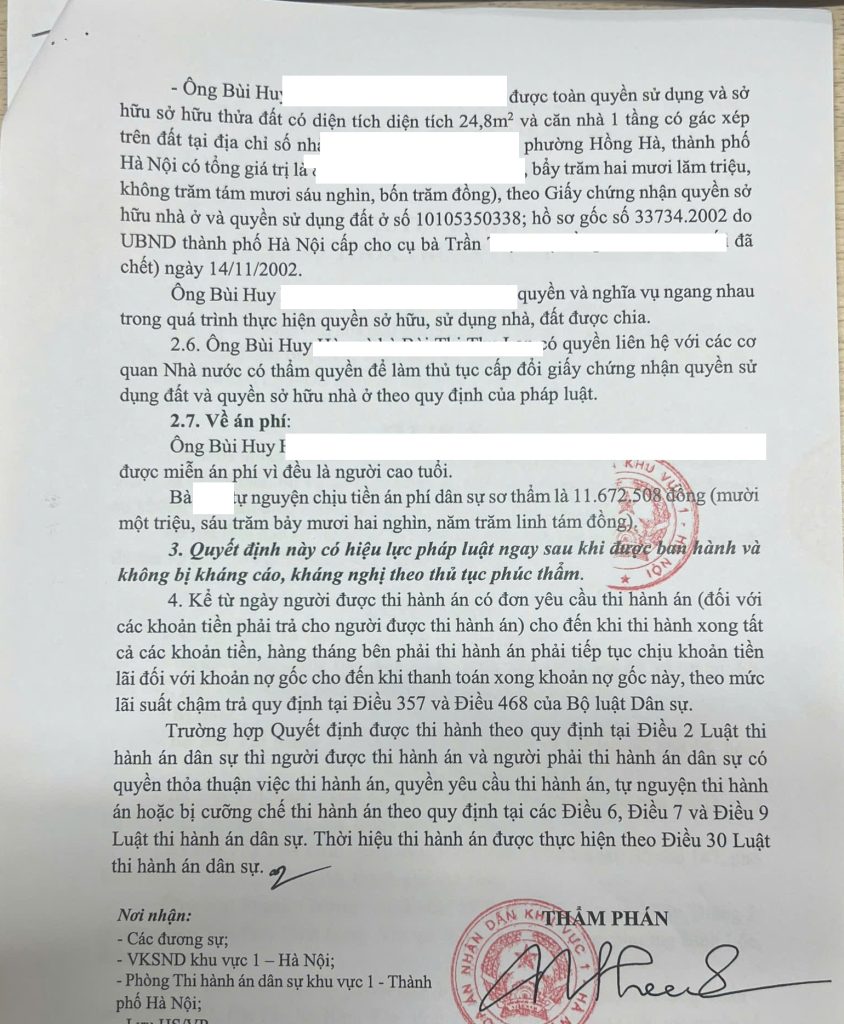 Quyết định của Tòa án giải quyết về quyền thừa kế