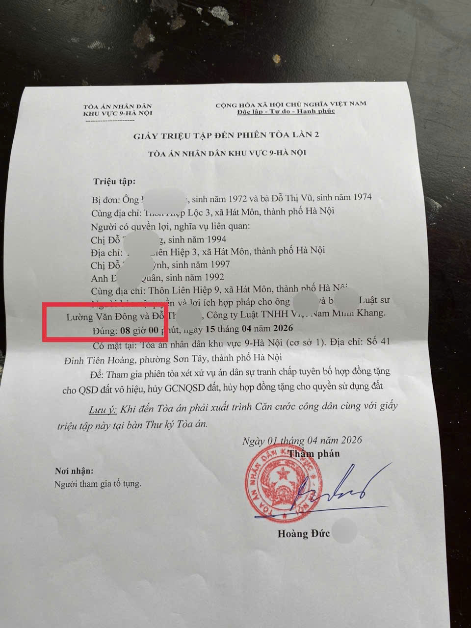 Giấy triệu tập tham gia phiên tòa