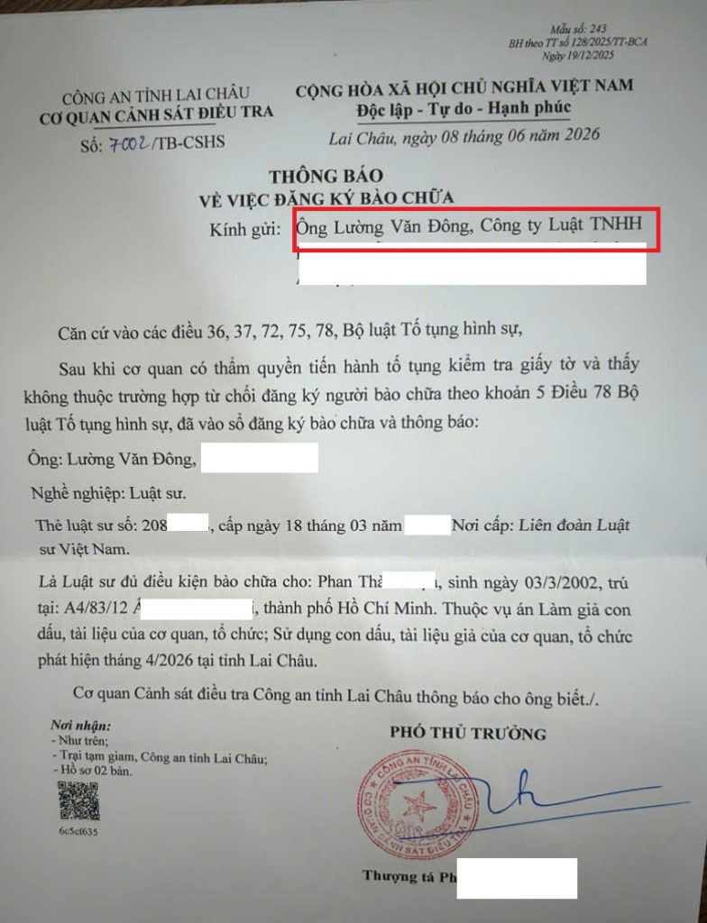 Thông báo bào chữa Luật sư Đông