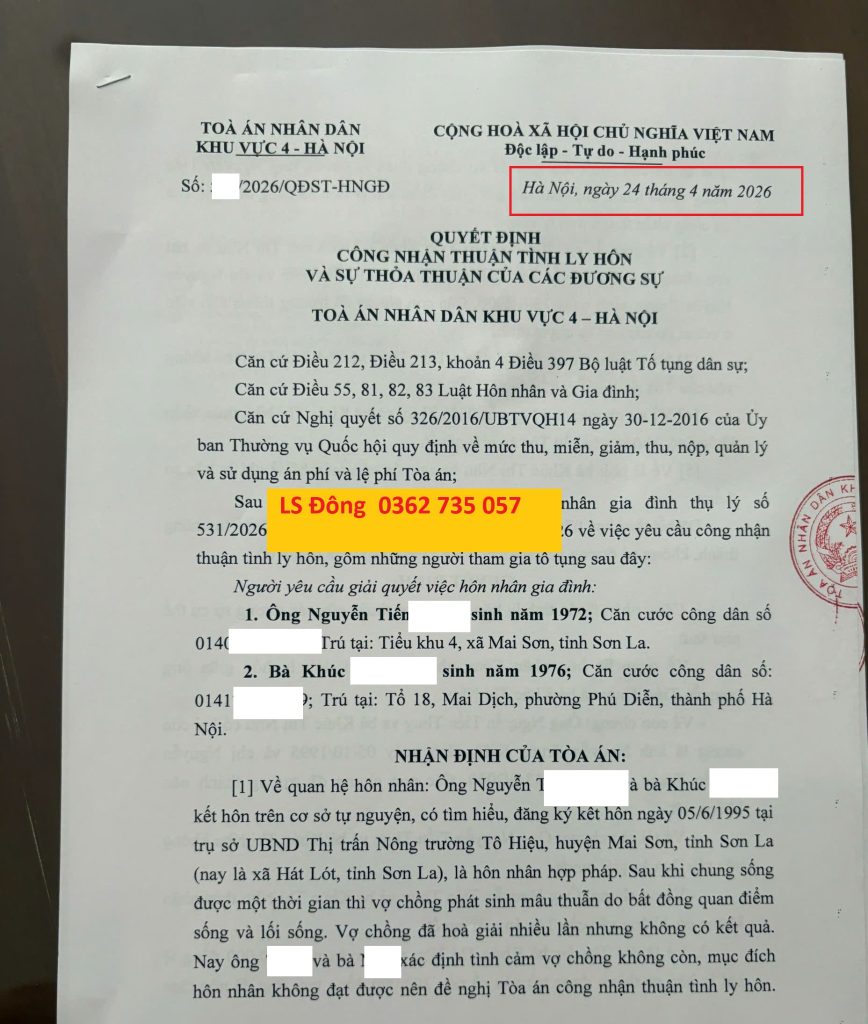 Quyết định ly hôn tại tòa án khu vực 4 - Hà Nội