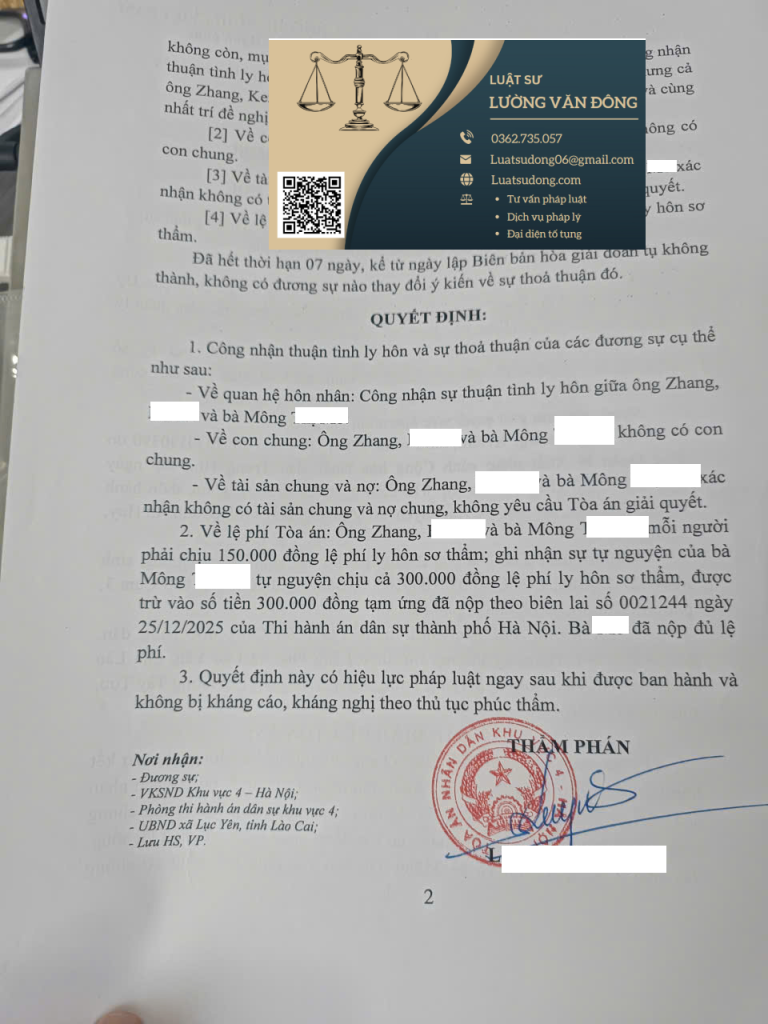 Luật sư Đông hỗ trợ ly hôn với người Trung Quốc