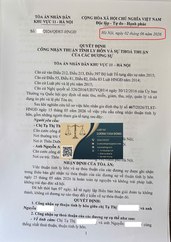 Ly hôn tại tòa án khu vực 11 Hà Nội