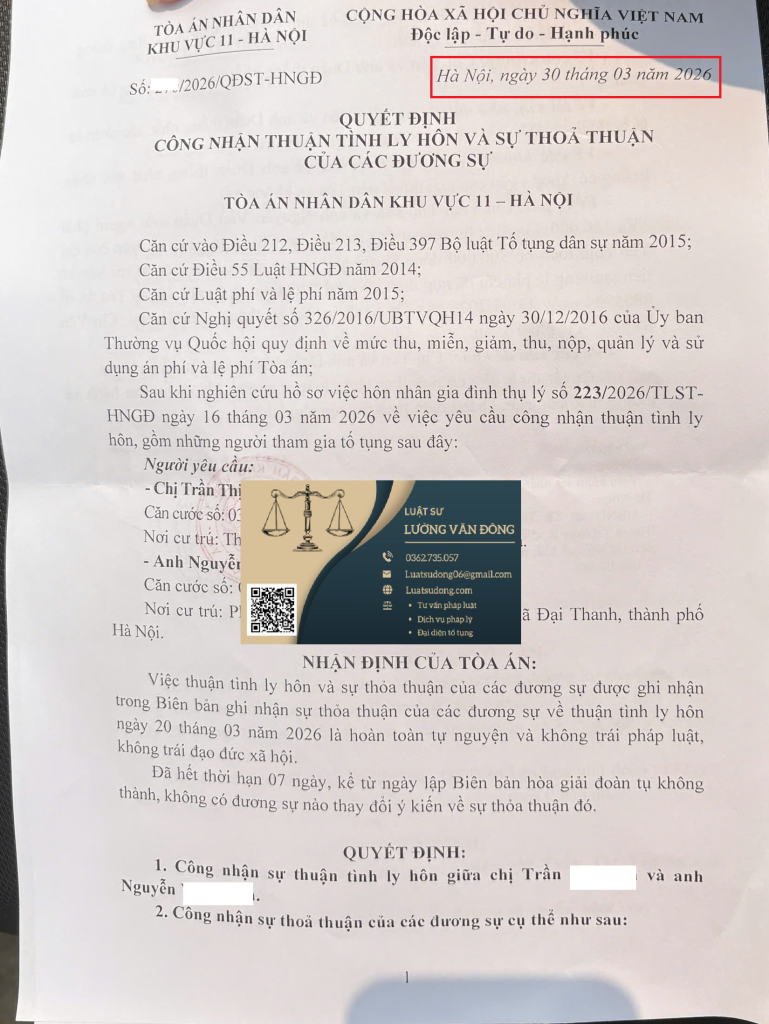 Ly hôn tại tòa án khu vực 11 Hà Nội